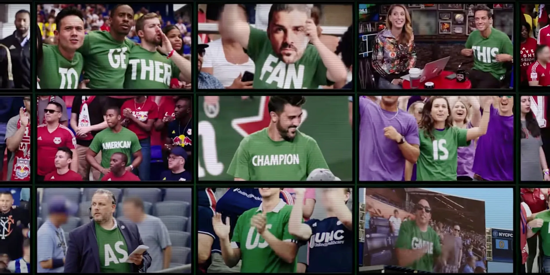 A grid of broadcast frames showing soccer fans in green shirts, each shirt printed with a single word.