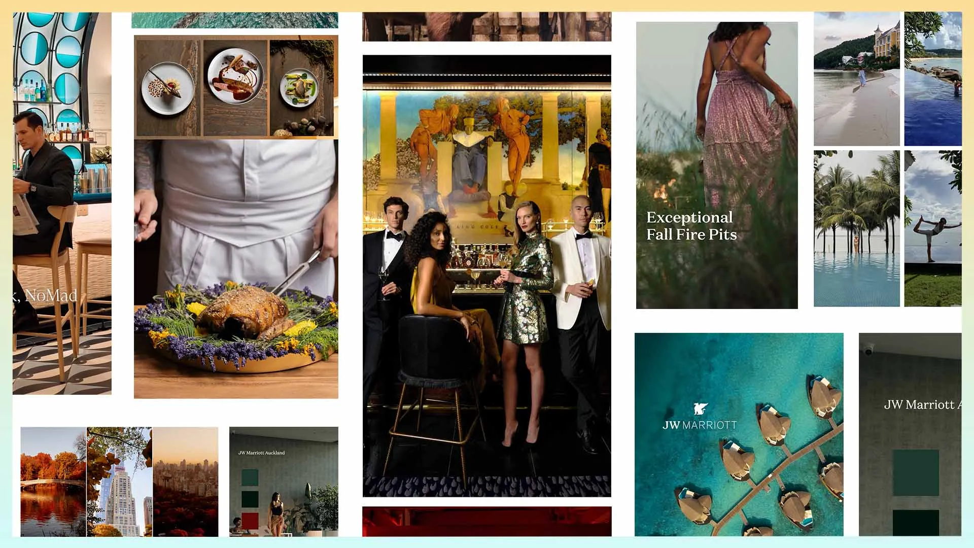 A grid of luxury hotel stills — fine dining, ballroom guests, a pool terrace — arranged as a multi-photo social composition.