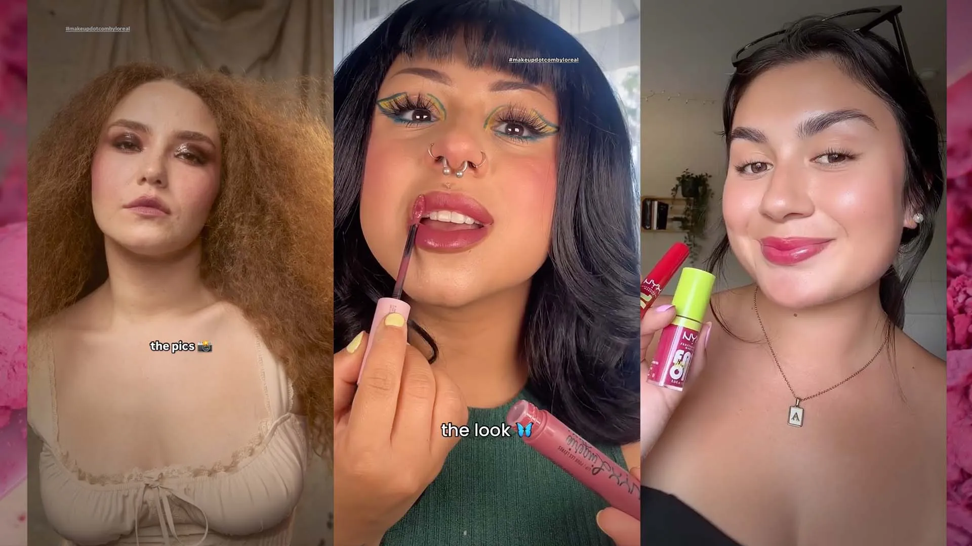 Three vertical beauty-tutorial frames showing lip products in use, with animated on-screen captions.