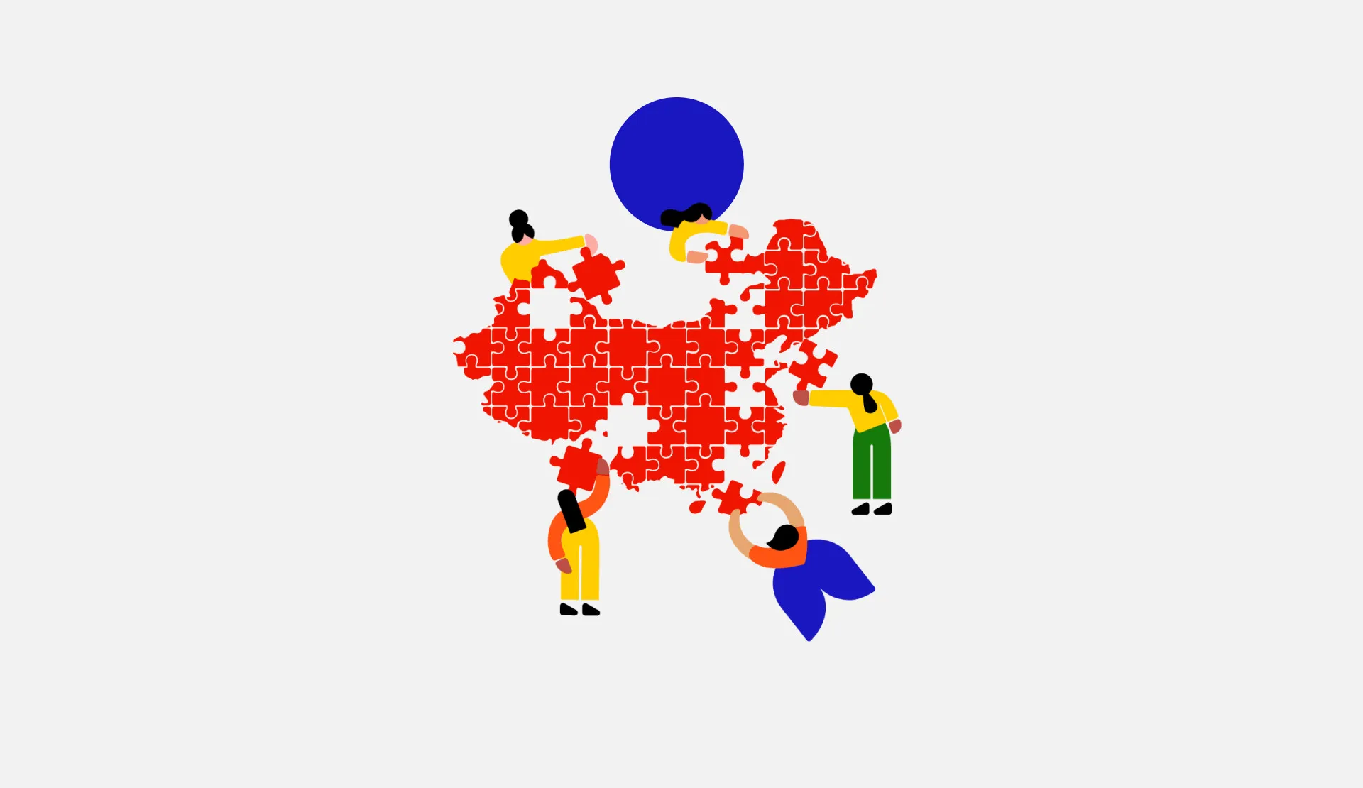 Flat-illustrated figures assembling a red jigsaw map of China against a pale background.